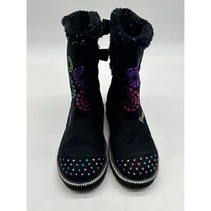Skechers Boots Youth Girls Light Up Twinkle Toes Color Studs Suede Faux Fur Blac - Picture 1 of 10
