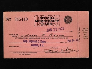 Tarjeta de membresía oficial de la Legión Americana OPC 1938 42802 de Camden NJ - Imagen 1 de 2