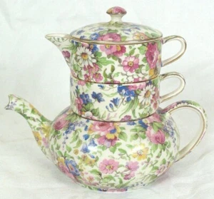 Royal Winton SUMMERTIME (PRE 1960 CREAM) Stacked Teapot Set For One - Picture 1 of 8
