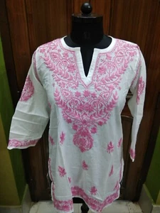 TUNIC S 38" ETHNIC 100% MALMAL COTTON HANDMADE TOP CHIKAN EMBROIDERY KURTA KURTI - Picture 1 of 6