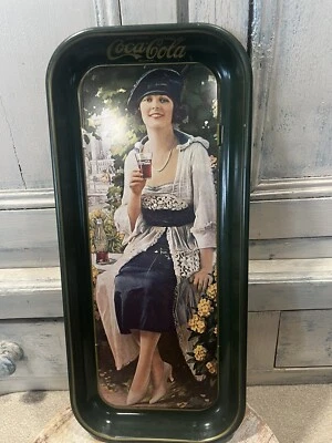 Vintage 1973 Coca Cola Rectangular Tin Serving Tray with Woman in Blue Dress - Image 1 of 4