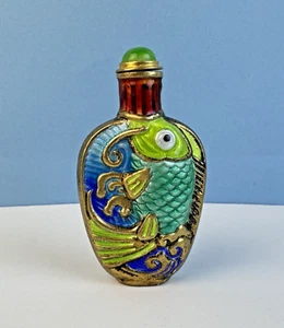 BEAUTIFUL Vintage Cloisonné Fish Hand Painted Chinese Snuff Bottle - Picture 1 of 11