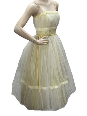 Vtg 50s Sz S Prom Dress Cupcake Yellow Satin 2 Layers White Net Tulle Dance Time - Image 1 of 4