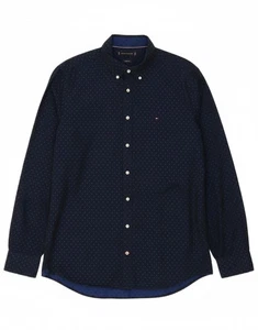TOMMY HILFIGER Mens Regular Fit Shirt Large Navy Blue Polka Dot Cotton AQ09 - Picture 1 of 5