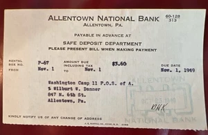 1949 Allentown National Bank of Allentown, Pa Safe Deposit Box Fee Receipt - Picture 1 of 2