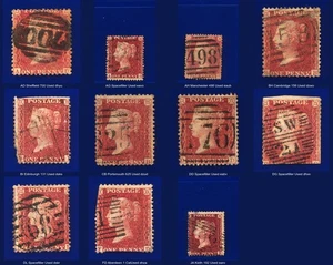 1857 SG41 1d rosa profunda-rojo C10 (2) usado 11 posiciones en filas A-J Cat £20 kbqk - Imagen 1 de 16