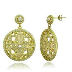 Gold Tone over Sterling Silver Cubic Zirconia Filigree Medallion Dangle Earrings - Picture 1 of 4