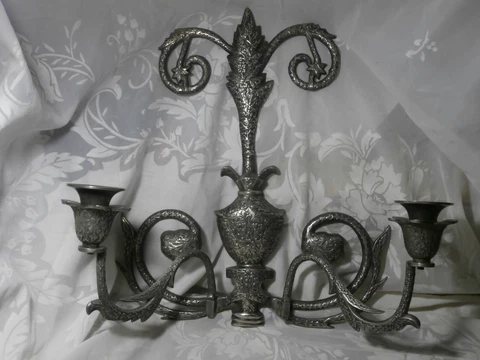HEAVY ORNATE METAL DOUBLE WALL SCONCE SILVER / PEWTER COLOR 15.5" TALL 16" WIDE Cover