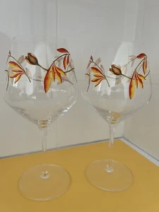 Set of 2 Luigi Bormioli Fall Flowered Crystal Ballon Wine Glasses Signed - Picture 1 of 9