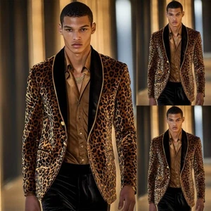 Velvet Men Blazer Classic Leopard Print Shawl Lapel Tuxedo Trendy Jacket Coat - Picture 1 of 8