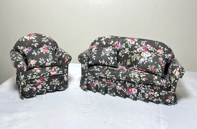Juego de sofá y silla de salón floral negro miniatura para casa de muñecas 1:12 Foto 1 de 4