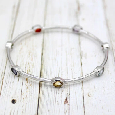 Bracciale 7 Chakra Multi Stone Fine Bangle S925 Argento Sterling Regalo signi... - Immagine 1 di 4