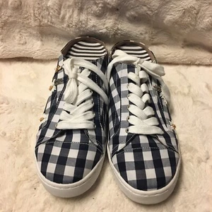 Betsey Johnson Gingham Edna Sneakers Slip On Sz 8 Blue White Bee Flowers - Picture 1 of 19
