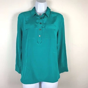 Ann Taylor Womens Top sz 4P Blue Green Silk Long Sleeve 1/2 Button Up Career - Picture 1 of 12