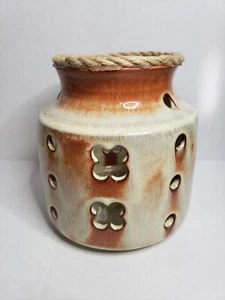 Stoneware Pottery Vase Candle Holder With Cut Outs Terra Cotta Ivory Rope Edge - Picture 1 of 9