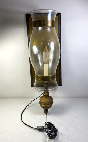 Vintage Large Brass & Wood Mid - Century Wall Mount Sconce  Light ~ Electric Cover