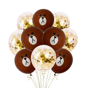 12 Brown Bear & Gold Confetti Party Balloons Animal Theme Birthday Baby Shower - Picture 1 of 2