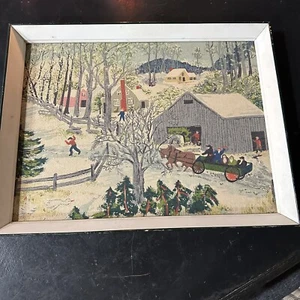 Vintage Grandma Moses Print Framed Springtime On The Farm Fabric Authorized - Picture 1 of 15