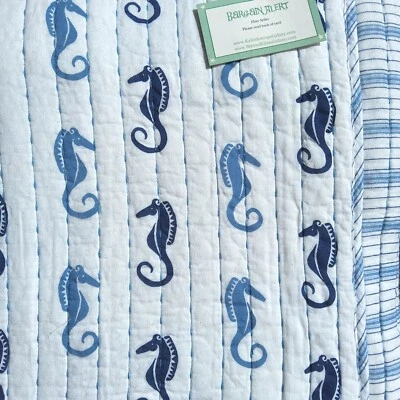 Sigrid Olsen Seahorse Beach King Quilt w/ Shams Blue White Reversible Stripe NEW - Image 1 of 4