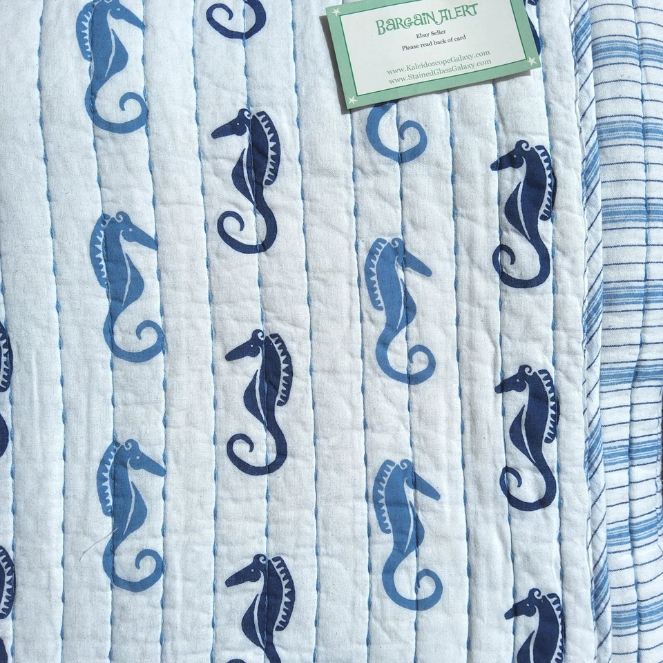Sigrid Olsen Seahorse Beach 3pc Full Queen Quilt  Blue White Reversible Stripe - Image 1 of 4
