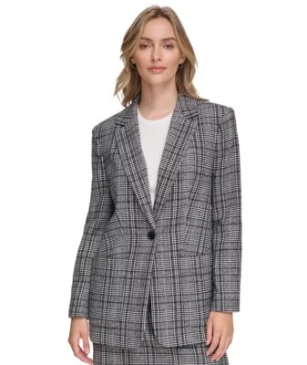 CALVIN KLEIN Women's X-Fit Plaid One-Button Blazer Black And White Size 14 - Image 1 of 4
