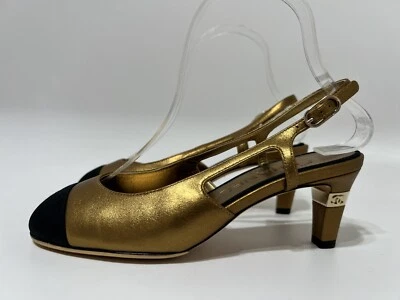 Vtg CHANEL TWO TONE GOLD LEATHER SLINGBACK HEELS 36 - Image 1 of 4