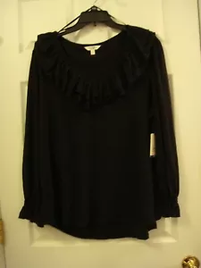 Woman's Terra & Sky Top Shirt Black Ruffled Neck Long Sleeve Blouse Size 1X NEW - Picture 1 of 8