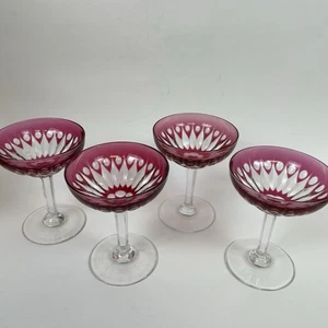 4er Set Vintage Val St. Lambert Cranberry geschliffen Kristall 5" Sektgläser - Bild 1 von 15