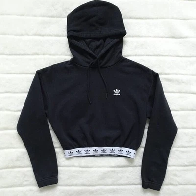 Adidas Originals Women's Cropped Hoodie Sweatshirt Black Small Trefoil Tape - Image 1 of 4