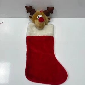 Vintage Christmas Stocking Plush Reindeer 3D Red Cute - Picture 1 of 14