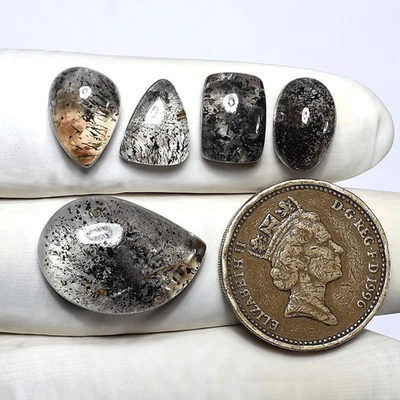Inky Star Field~ 5 PC Natural Dot Rutile Quartz 11mm-21mm Cabochon Gemstones Lot - Image 1 of 4