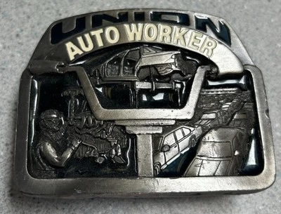 De colección 1987 C&J Buckle Co. Union Auto Worker mecánico latón hecho en EE. UU. Foto 1 de 2