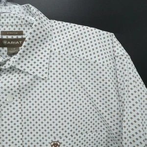 Ariat Shirt Mens Large White Brown Aztec Diamond Print Stretch Western Office - Picture 1 of 9