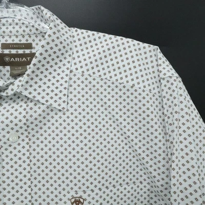 Ariat Shirt Mens Large White Brown Aztec Diamond Print Stretch Western Office - Image 1 of 4