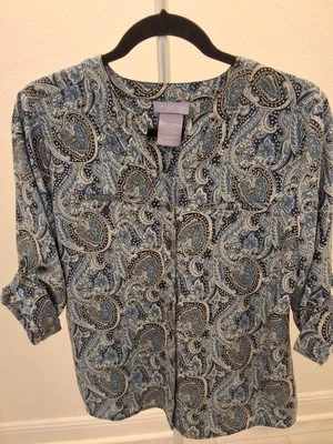 Blusa para mujer Laura Scott azul diseño cachemir talla L mangas enrolladas botón nueva sin etiquetas Foto 1 de 4