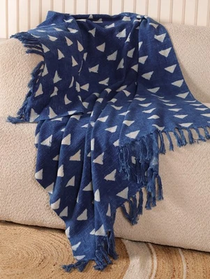 Boho Indigo Cotton Blanket Handwoven Geometric Block Print Twin Throw 50" x 60" - Image 1 of 4