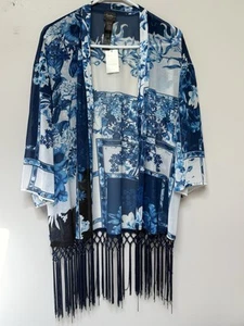 Neu mit Etikett Chicos Travelers Damen azurblau Cross Dye Patchwork Staubmantel Jacke Fransen S/M - Bild 1 von 9