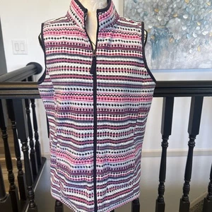 Laura Scott Women Vest Jacket Med Blue/pink Fair Isle Full Zip Mock Neck - Picture 1 of 7