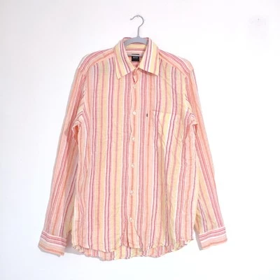 Hugo Boss Linen Shirt Orange Pink Yellow Stripe Vintage Summer Top Size Medium - Image 1 of 4