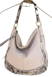 B. Makowsky Bag Tan Leather  Hobo Zip Top Shoulder Bag  Snake Skin Accent - Picture 1 of 17
