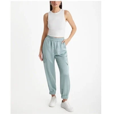 NWT Express Satin High Rise Pull-On '90s Cargo Jogger Pants Mint Green Large - Image 1 of 4