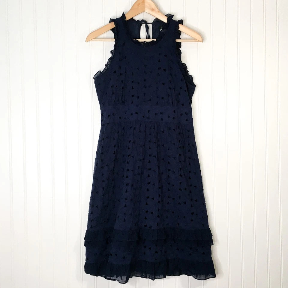 J. Vestido Crew para mujer entallado y acampanado azul forrado geométrico sin mangas con volantes cremallera 8 Foto 1 de 3