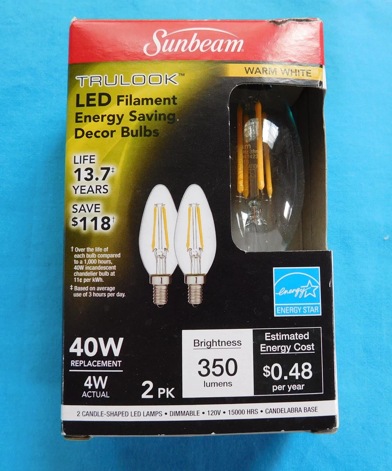 Lâmpada de vela decorativa LED regulável Sunbeam 4w/40watt B12 base média ~ 2 PACOTES - Imagem 1 de 1