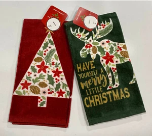 2 Dish Towels Farmhouse Christmas Tree & Moose 100% Cotton Kitchen 16" X 25 - Picture 1 of 4