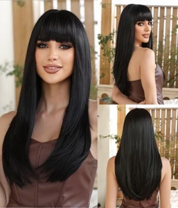 Synthetic Hair Heat Resistant Off black Dress Up Wig With Bangs Long Straight - Picture 1 of 8