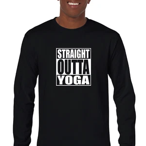 Straight Outta Yoga Work Out Funny Black Mens Cotton Long Sleeve T-shirt - Picture 1 of 3