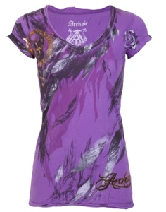 Archaic AFFLICTION Women's T-Shirt SECOND LOVE Feathers PURPLE Tattoo Biker $40 - Picture 1 of 9