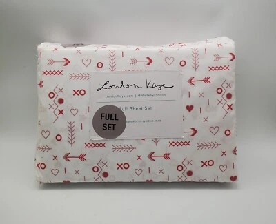 London Kaye Full 4 Piece Sheet Set Pillowcases Red Hearts Arrows X O Hugs Kisses - Image 1 of 4