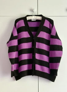Fearless Illustration Purple & Black Stripe Cardigan Size L/UK16-18-20 VGC - Picture 1 of 4