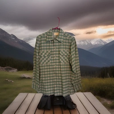 Vtg 50s Pendleton Board Shirt Small Men Green Plaid Wool Loop Collar Flap Pocket - Image 1 of 4